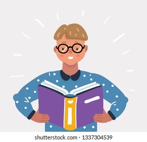 Cartoon vector illustration of Little boy reading book.