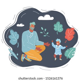 Cartoon vector illustration of Little boy play with him father. Human character on dark background.