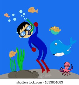 Cartoon vector illustration of a little boy diving to the bottom of the sea
