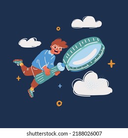 Cartoon vector illustration of Little boy using a magnifying glass over dark background