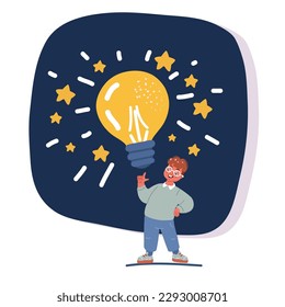 Cartoon vector illustration of little boy with light bulb as an idea metaphor over dark background