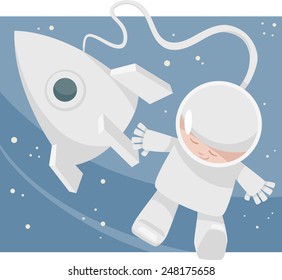 Cartoon Vector Illustration of Little Boy Astronaut in Space