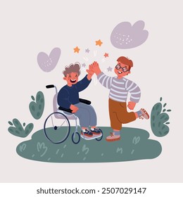 Cartoon vector illustration of Little boy in wheelchair giving each other high-five to his friend. Little kids. Friendship concept.