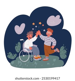 Cartoon vector illustration of Little boy in wheelchair giving each other high-five to his friend. Little kids. Friendship concept over dark background