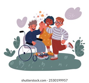 Cartoon vector illustration of Little boy in whieelchair and his friends to each other.