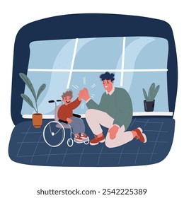 Cartoon vector illustration of Little boy in wheelchair and his father giving each other high-five over dark background