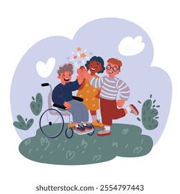 Cartoon vector illustration of Little boy in wheelchair and his friends giving each other high-five