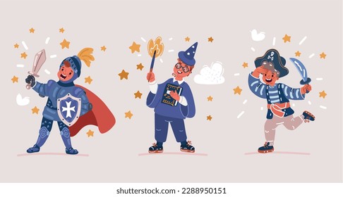 Cartoon vector illustration of Little BoyWearing Animal Costumes Waving Hand and Having Fun Knight, pirate, wizard with magic wand. Children's party