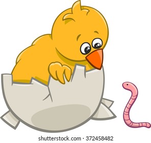 Cartoon Vector Illustration of Little Chick in Egg and Earthworm