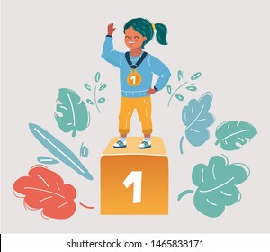 Cartoon vector illustration of Little child girl is winner. Kid with medal on white background. First place.