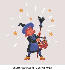 Cartoon vector illustration of little child girl in costumes having fun on Halloween celebration in witch image