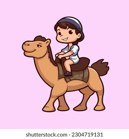 Cartoon Vector Illustration of a Little Child Riding a Camel, Flat Style for Muslim Design and Eid Al Adha