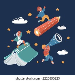 Cartoon vector illustration of little children student. Happy kids flying on the book, pencil, spyglass. Knowledge power concept over dark backround