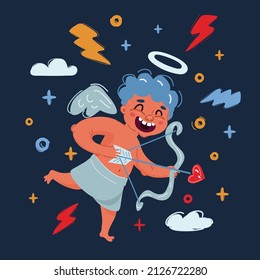 Cartoon vector illustration of little cupid is ready to shoot love arrow over dark backround.