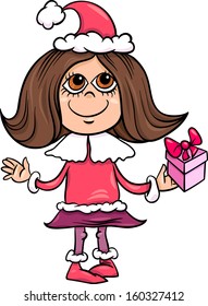 Cartoon Vector Illustration of Little Girl in Santa Claus or Snowflake Costume with Christmas Present