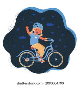 Cartoon vector illustration of little girl on bicycle on dark backround.