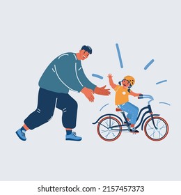 Dibujo vectorial de una niña aprendiendo a andar en bicicleta por primera vez con su padre. Consentimiento del Día del Padre