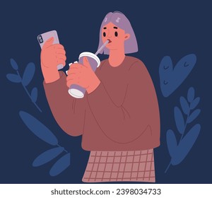 Cartoon vector illustration of Little girl drinking soda with a straw and look at smartphone display over dark backround