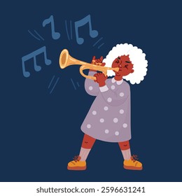 Cartoon vector illustration of little is girl plaing trumpet over dark backround