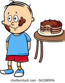 Cartoon Vector Illustration of Little Gourmand Boy and Chocolate Cake