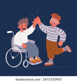 Cartoon vector illustration of little kid sit on wheelchair and give high five to his friend over dark backround