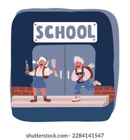 Cartoon vector illustration of Little kids near school building. Little students. Boy and girl education concept over dark background