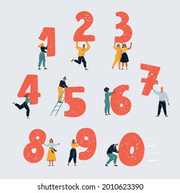 Cartoon Vector Illustration Of Little People With Numbers. Tiny People With One, Two, Thee, Four, Five, Six, Seven, Eight, Nine, Zero On White Background.