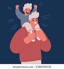 Cartoon vector illustration of Little Son Perched On Dad's Shoulders Enjoying The View From Above. Height Advantage, And A Sense Of Adventure. Loving Family Characters Fun over dark backround