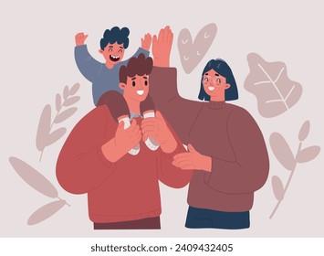Cartoon vector illustration of Little Son Perched On Dad's Shoulders and mother giving five to son. Loving Family Characters Fun.