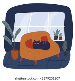 Cartoon vector illustration of Living room interior design with sleeping cat and furniture: chair, pillows, plant over dark backround