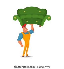 Cartoon vector illustration. Loader holding in one hand a sofa. Concept design character the employee of shipping, transportation and warehouse storage goods