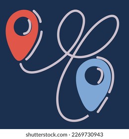 Ilustración vectorial de dibujos animados de la marca locator del mapa y la ubicación del pin o del icono de navegación sobre el fondo oscuro