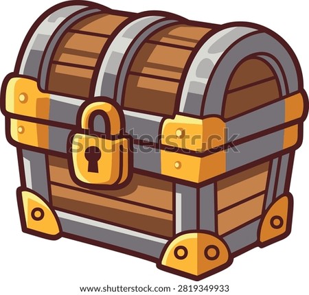 Cartoon vector illustration of a locked wooden treasure chest bound with metal bands and a golden padlock. Designed for video game UI assets, RPG loot rewards, pirate treasure concepts, and mobile gaming graphics.