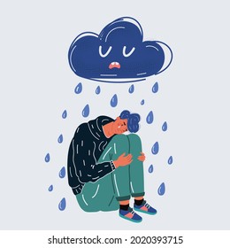 Cartoon vector illustration of Lonely man in the rain cry under cloud on white background.