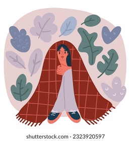 Cartoon vector illustration of Lonely woman sitting under blanket. Woman is cold and she has chills