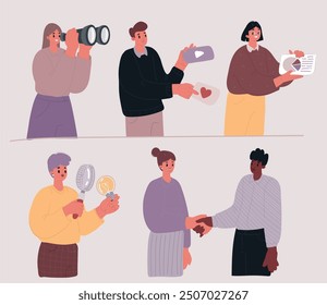 Cartoon vector illustration of Looking for the perfect candidate. Young HR team using binoculars, magnifier, woman with binoculars, magnifying glass, socila media, graph, handshake, icon, modern team.