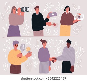 Cartoon vector illustration of Looking for the perfect candidate. Team using binoculars and magnifier. Looking for the perfect candidate. Young HR team using binoculars, magnifier, woman with binocula