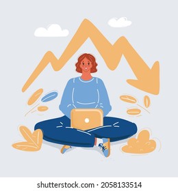 Cartoon vector illustration of loosing of Businesswoman with graph down indicating