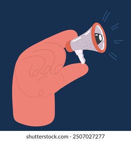 Cartoon vector illustration of Loudspeake. Hand holding megaphone. Tiny loudspeaker make announcements. Banner for business, marketing and advertising. Social media marketing concept 