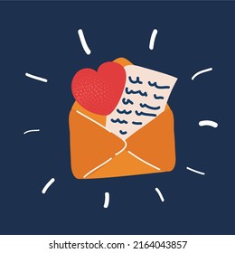 Cartoon vector illustration of love letter inside open envelope over dark background. over dark background.