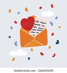 Cartoon vector illustration of love letter with heart. Open envelope.
