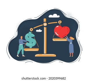 Cartoon vector illustration of love or more valuable than money concept vector. Man and woman, couple have different priorities on dark.