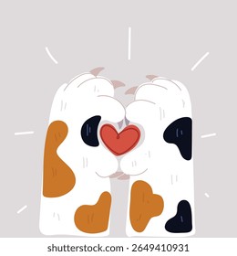 Ilustração vetor de desenhos animados de símbolo de amor com patas de gato de estimação com símbolo de coração