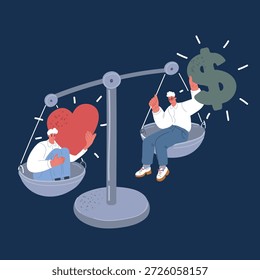 Ilustração vetorial de amor vs dinheiro em grande escala. Escolha de amor ou dinheiro. Negócios ou saúde