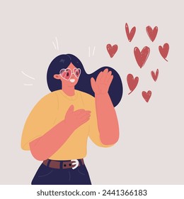 Cartoon vector illustration of I love you, greeting card. Self care woman heart arround. Love yourself. Woman wear in heart shaped glasses