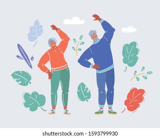 Cartoon Vector Illustration Of Lovely Senior Couple Take Up Sport.