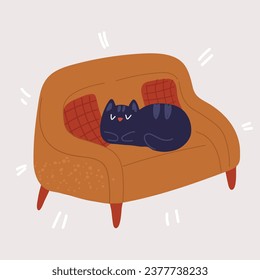 Cartoon vector illustration of Lovely white cat sleeping on a red armchair, home pet resting