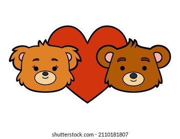 Ilustración vectorial de dibujos animados, un par de osos amorosos y un gran corazón en el fondo