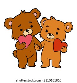 Cartoon vector illustration, Loving couple of bears and heart-shaped valentine card