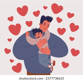 Cartoon vector illustration of Loving Dad Hugging his Little Son with Tenderness, Fatherhood Concept